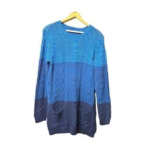 Jeanne Pierre Women’s Med Cable Knit Tunic Sweater W/Pockets Blue Ombre Stripe